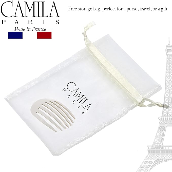 Camila Paris CP3404 French Hair Side Comb Rounded, White Pearl, Handmade French Twist Hair Combs, Strong Hold Hair Clips for Women Bun Chignon, No Slip Styling Girls Hair Accessories Made in France