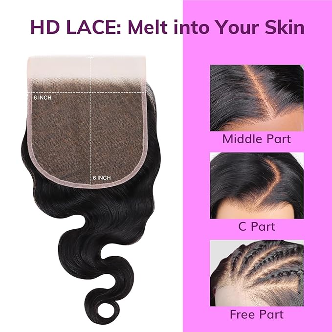 IDN Beauty Skinlike Real HD 6x6 Lace Closure Human Hair 22 Inch Body Wave - Bleached Single Knots, Ultra-thin 0.1 mm Pre Plucked Hairline Virgin Human Hair