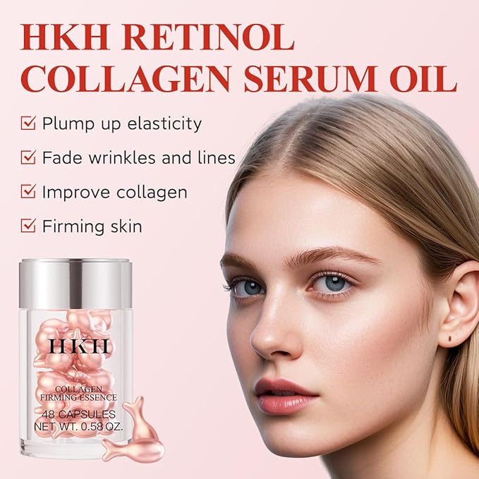 HKH Retinol Face Serum Oil - Anti-Again Night Serum Capsules with Vitamin E, Reduce Wrinkles, Firm & Hydrate Skin, Non-Greasy Formula, Travel-Friendly Skincare, with Scissors, 48 Capsules