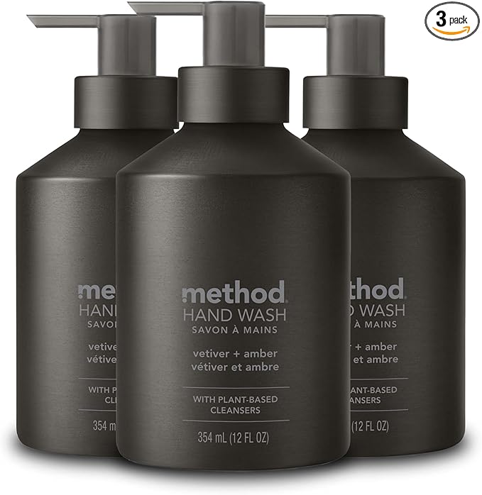 Method Gel Hand Soap, Vetiver + Amber, Reusable Black Aluminum Bottle, Biodegradable Formula, 12 oz (Pack of 3)