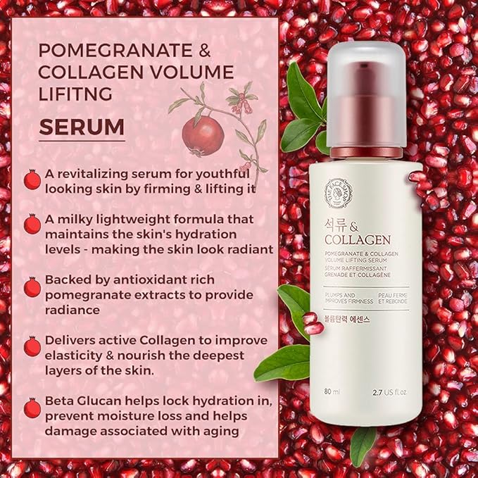 The Face Shop Pomegranate & Collagen Volume Lifting Serum - Helps Skin Look Firm & Supple - Reduces Fine Lines & Wrinkles - Improves Elasticity - Hydrating Lightweight Face Serum - Korean Skin Care