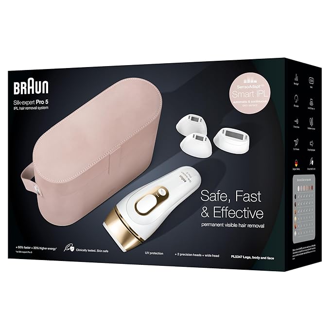 Braun IPL Silk·Expert, at Home Laser Hair Removal, Pro 5 PL5347 Latest Generation IPL, Holiday Gifts for Women and Men, Hair Removal System with Wide Head and Two Precision Heads