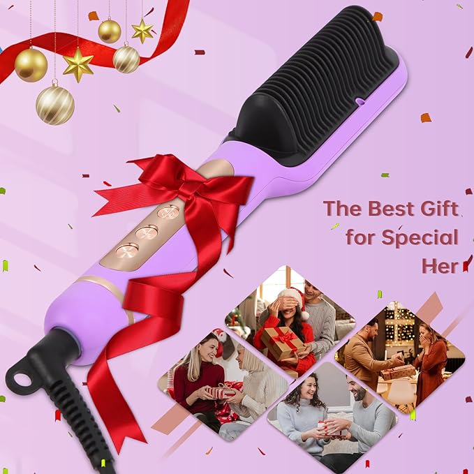 Negative Ionic Hair Straightener Brush with 9 Temp Settings, 30s Fast Heating Hair Straightening Comb with LED Display, Anti-Scald & Auto-Shut Off Hair Brush Straightener for Women (Purple)