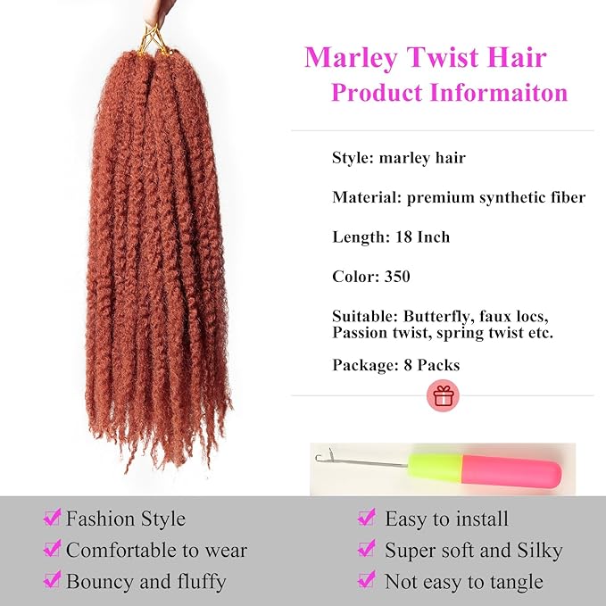 Marley Twist Braiding Hair 18 Inch 8 Packs โ Fluffy&Tangle-Free Cuban Twist Hair for Braiding, Natural Look Synthetic Long-Lasting Spring Afro Kinky Twist Hair Extensions (350)