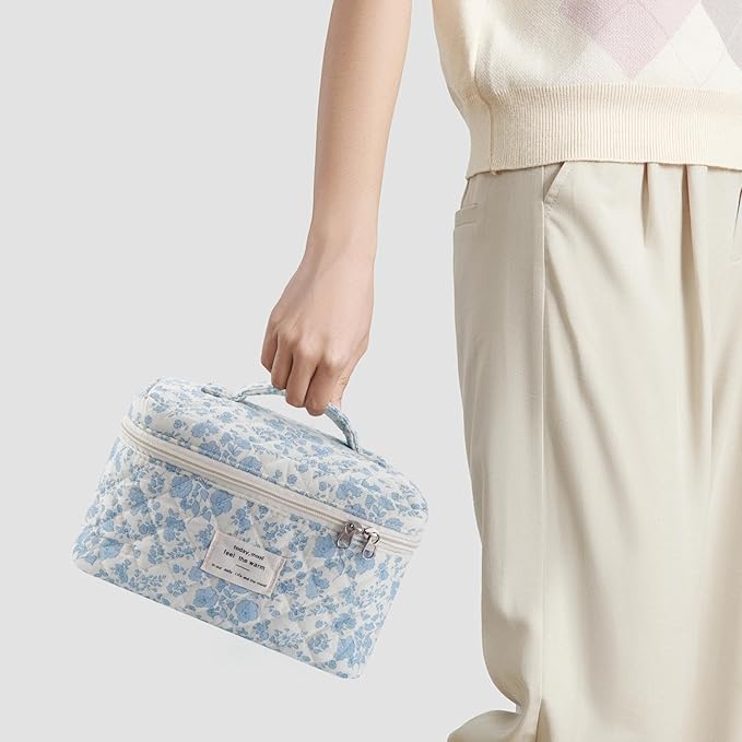 Makeup Bag, 3 Pcs Cotton Floral Quilted Makeup Bag Set, Large Toiletry Travel Cosmetic Bag for Women