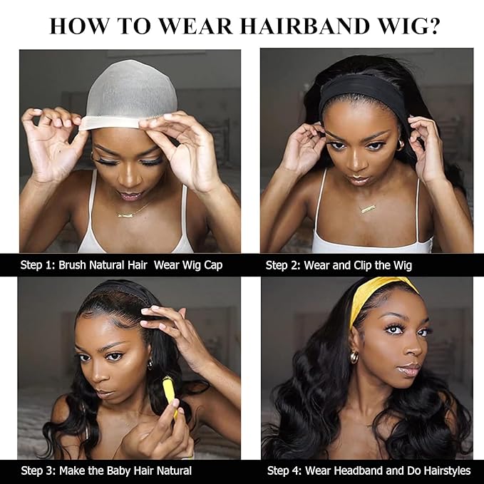 Body Wave Headband Wig Human Hair for Black Women 16 Inch None Lace Front Wigs 180% Density Glueless Wear and Go Wig Machine Made Headband Wigs Natural Black Color