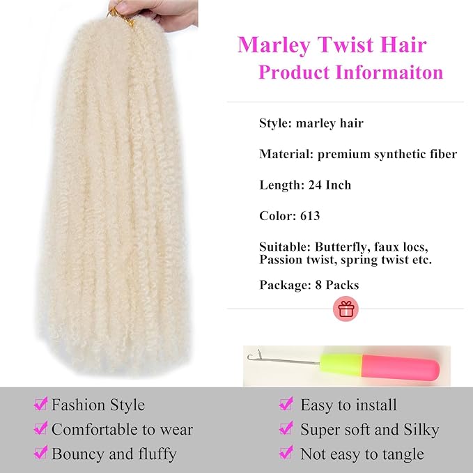 Marley Twist Braiding Hair 24 Inch 8 Packs โ Long-Lasting Marley Hair, Fluffy&Tangle-Free Cuban Twist Hair for Braiding, Natural Look Synthetic Spring Afro Kinky Twist Hair Extensions (613)