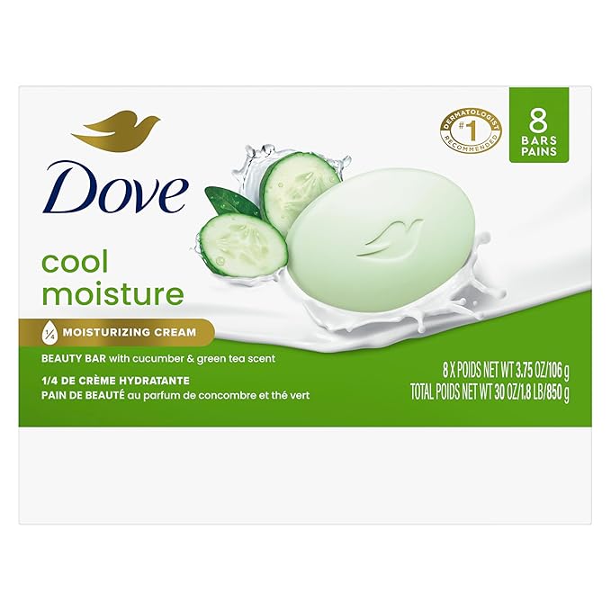 Dove Beauty Bar Soap Cool Moisture Cucumber & Green Tea Scent, 8 Bars for Refreshed Skin, Leaves Skin Refreshed 8 x 3.75 oz