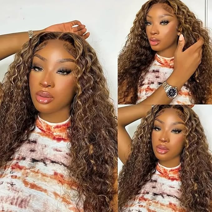 5x5 Highlight Water Wave Closure Wigs Human Hair 180% Density Curly Human Hair Wig Pre Plucked 18inch P4/27 Ombre 5x5 HD Lace Closure Wigs for Women(427curly 18inch)