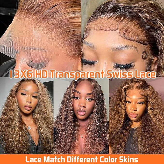 CHEETAHBEAUTY #4/27 Ombre Highlight Deep Wave 13X6 HD Transparent Lace Front Wigs Brazilian Deep Curly Human Hair Wigs for Black Women Pre Plucked with Baby Hair 250% Density(22inch)