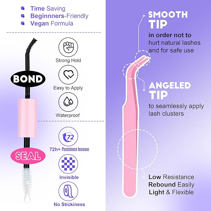 Pawotence Lash Clusters Kit 40D Individual Lashes Extension Kit DIY 280pcs 9-16mm Cluster Eyelash Extension Kit with Lash Bond and Seal, Lash Tweezers for Self Use (40D, 0.07D, 9-16mm, Kit)
