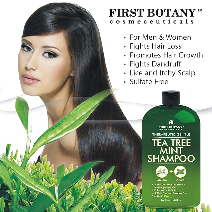 First Botany, Tea Tree Oil Shampoo 16 fl oz - Anti Dandruff Shampoo Natural Oil cleanser For Dry Itchy & Flaky Scalp - Sulfate Free Paraben Free Cleanser - Prevents Head Lice & Thinning