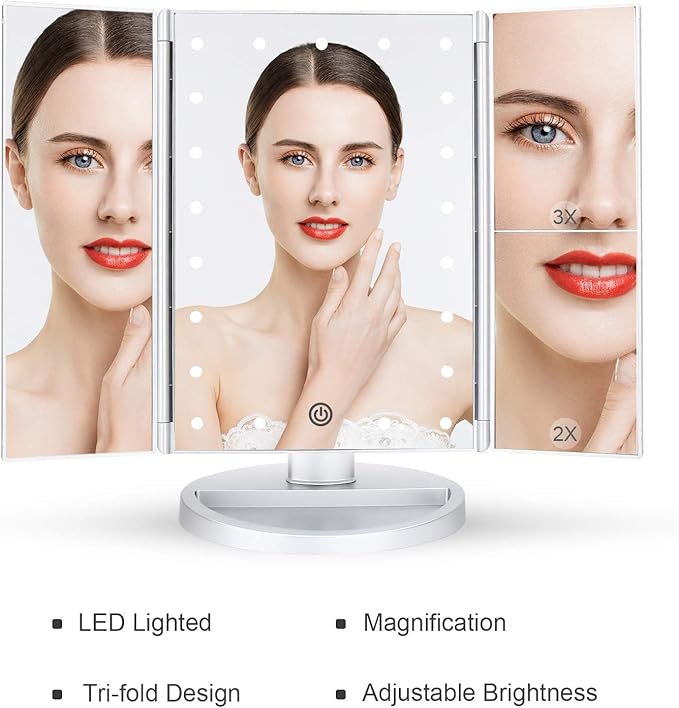 deweisn Tri-Fold Lighted Vanity Tabletop Mount Mirror with 21 LED Lights, Touch Screen and 3X/2X/1X Magnification, Two Power Supply Modes Make Up Mirror,Travel Mirror 10.83" H x 6.3" W