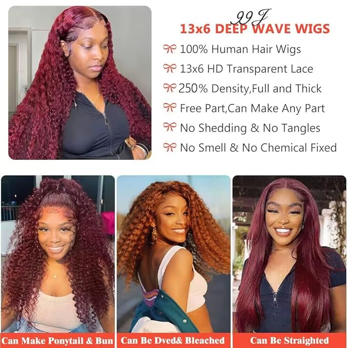 CHEETAHBEAUTY 99J Burgundy Deep Wave 13X6 HD Transparent Lace Front Wig Human Hair Brazilian Virgin Human Hair Wigs for Black Women Deep Curly Wigs Pre Plucked with Baby Hair 250% Density(28inch)