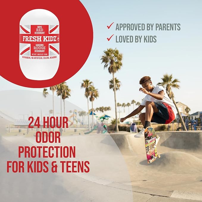 Fresh Kidz Roll On Deodorant for Kids and Teens - Baking Soda and Aluminum-free 24 Hour Protection for Sensitive Skin - Boys "Red" 1.86 fl.oz. (2 Pack)