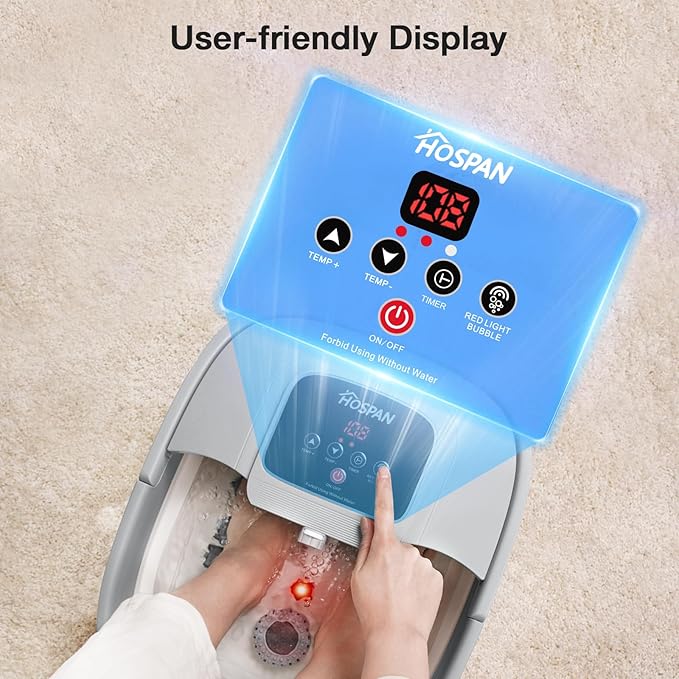 HOSPAN Collapsible Foot Spa with Heat, Bubble, Red Light, and Temperature Control, Foot Bath Massager with 8 Shiatsu Massage Rollers, Pedicure Foot Spa for Relaxation and Stress Relief
