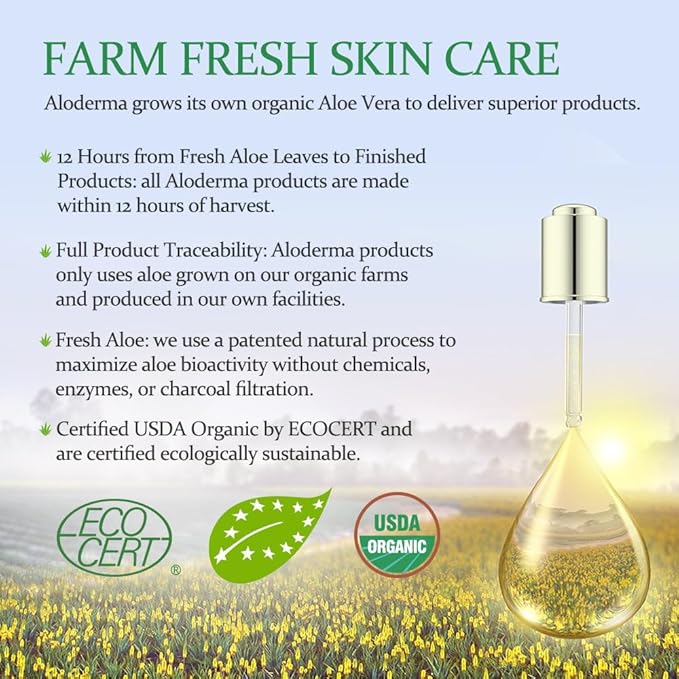 Aloderma Organic Aloe Vera Gel for Face & Body, 96% Pure Aloe Gel Made within 12 Hours of Harvest, Ideal for Skin, Scalp, & Hair Hydration, Calming Moisturizer for Soothing After Sun Care, 7.05oz