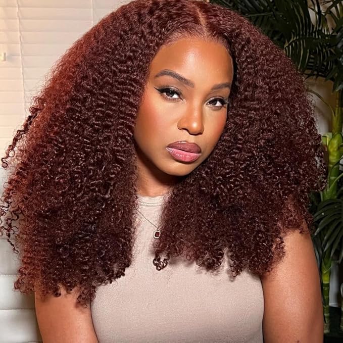 Beauty Forever Bye Bye Knots 7x5 Lace Front Wig Put on and Go Glueless Kinky Curly Human Hair Wigs,Reddish Brown Pre Cut Lace Closure Wigs Pre Plucked Hairline Pre Bleached Knots 150% Density 20inch