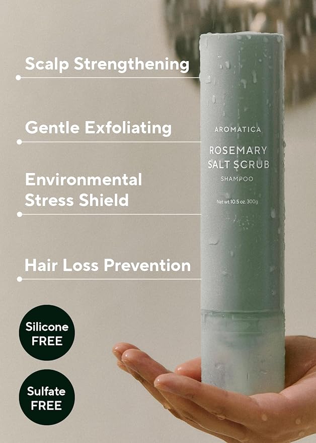 AROMATICA Rosemary Salt Scrub Shampoo 10.5 oz / 300g - Hair Loss Shampoo with Rosemary Scalp Oil | Scalp Exfoliator with Salt Scrub for Oily Scalp | Sulfate Free, Silicone Free