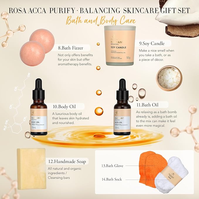 Fathers Day Gifts, Skin Care Set for Women & Men - Rosa Acca 28pcs Facial Kit at Home, Birthday Gifts Orange Vitamin C, Spa Gift Baskets for Women, Face Cream, Bath Oil, Mothers Day, Christmas, Dad