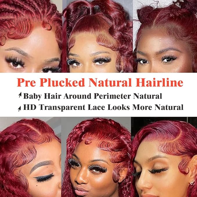 CHEETAHBEAUTY 99J Burgundy 13X6 HD Transparent Lace Front Wigs Human Hair Brazilian Virgin Human Hair Wigs for Black Women Deep Wave Wigs Pre Plucked with Baby Hair 250% Density(36inch)