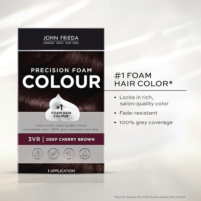 John Frieda Precision Foam Colour, Deep Cherry Brown 3VR, Full-coverage Hair Color Kit, Anti-Fade Gray Coverage, Deep Color Saturation Hair Dye, 1 Application