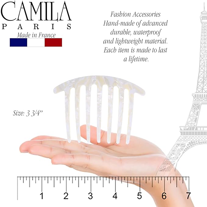 Camila Paris CP3185 French Handmade Side Comb Rounded, White, French Twist Hair Combs Decorative, Strong Hold Hair Clips for Women Bun Chignon Up-Do Styling Girls Hair Accessories Made in France