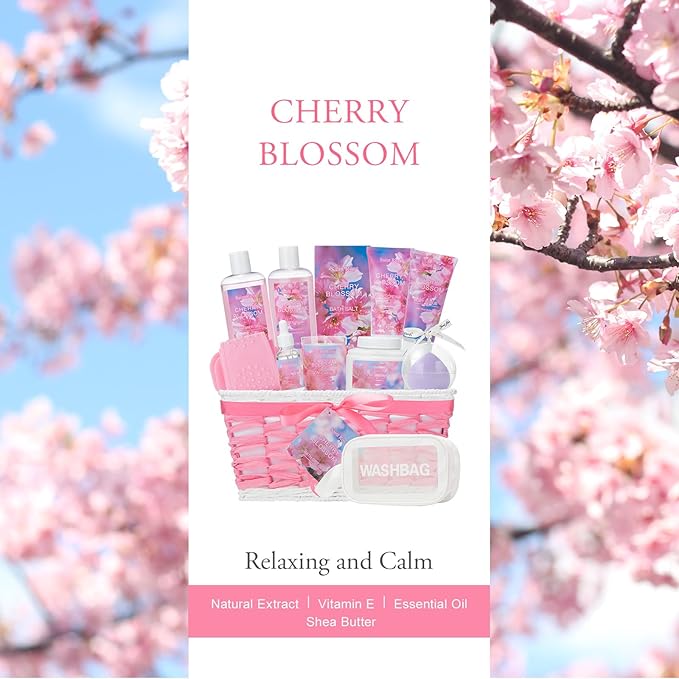 Spa Gifts for Women, Home Spa Gift Basket, Luxury 12 Pcs Gift Set for Women Enchanted Cherry Blossom Scent Bath & Body Gift Set, Pamper Gifts for girls & Teens Spa Kit Birthday Gift, Spa Gifts