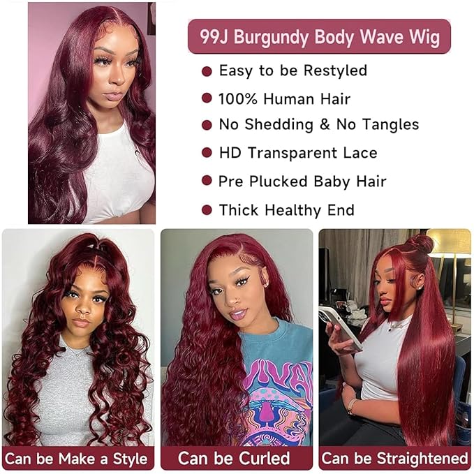 13x4 99J Burgundy Body Wave Lace Front Wig Human Hair 180% Density Wine Red Color Wigs for Women Free Part Hd Transparent Lace Front Wigs Pre Plucked with Baby Hair Colored Glueless Wigs 30 inch