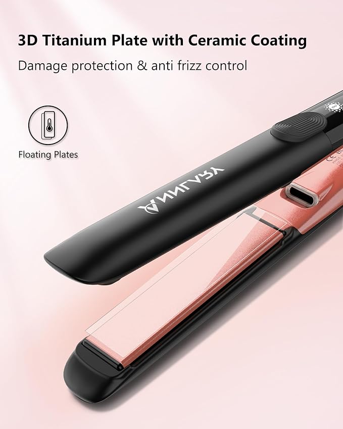Hair Straightener with Resistant Silicone Mat Pouch, 1 Inch Professional Titanium Plate with Ceramic Coating Ionic Dual Voltage Flat Iron with Anti-Iron Silicone for Smoother Hair