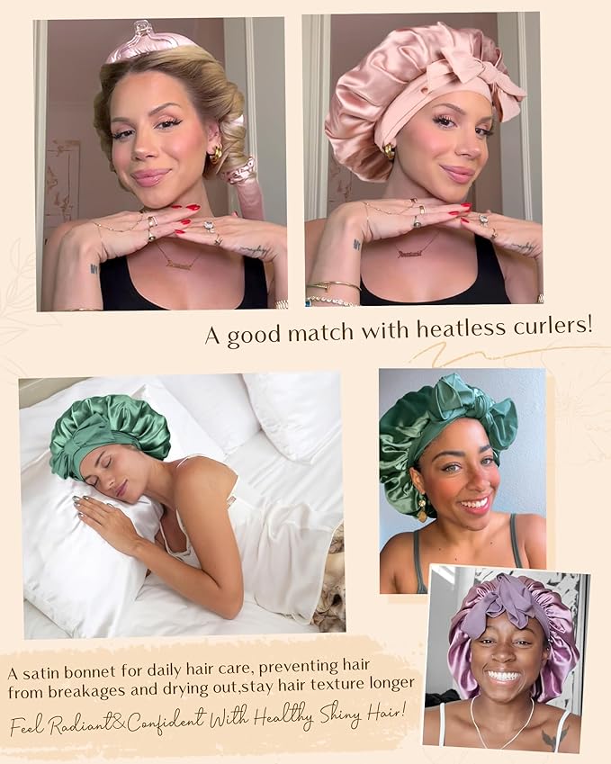 YANIBEST Silk Bonnet for Sleeping Women Satin Bonnet Double Layer Satin Lined Hair Bonnet with Tie Band Curly Hair