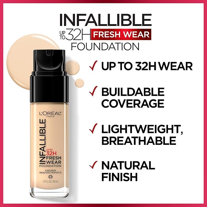 L'Oreal Paris Makeup Infallible Up to 32 Hour Fresh Wear Lightweight Foundation, 412 Warm Ivory, 1 Fl Oz, Packaging May Vary