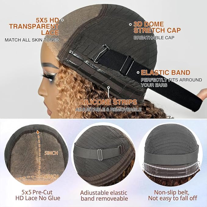 Wear And Go Glueless Wigs Human Hair Pre Plucked Pre Cut 4/27 Highlight Curly Bob Lace Closure Wigs 5x5 HD Lace Closure Wigs Human Hair For Black Women 180% Density Water Wave Lace Front Wig 12 Inch