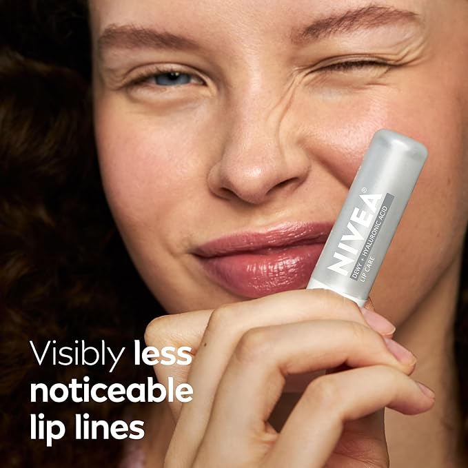 NIVEA Dewy Lip Balm with Hyaluronic Acid, Leaves Visibly Less Noticeable Lip Lines and No Waxy Feel, 0.18 Oz, Pack of 4