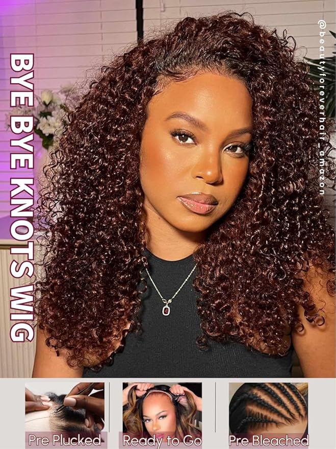 Beauty Forever Bye Bye Knots 7x5 Lace Front Wig Put on and Go Glueless Kinky Curly Human Hair Wigs,Reddish Brown Pre Cut Lace Closure Wigs Pre Plucked Hairline Pre Bleached Knots 150% Density 16inch