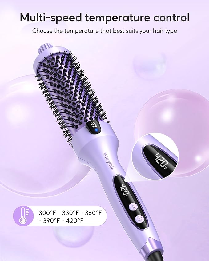 Wavytalk Thermal Brush, Blowout Boost 1.5 inch Heated Round Brush for Blowout Look, Negative Ion Technology, Ceramic Tourmaline, 5 Temperature Settings, Dual Voltage, Purple, Less Damage