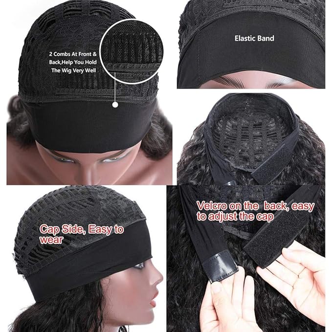 Beauty Forever Headband Human Hair Wigs Water Wave Glueless Human Hair Wigs With Pre-attached Scarf Non Lace Front Wigs for women Natural Color 150% Density 18 Inch