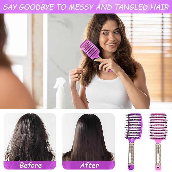 Wet Hair Detangling Brush for Blow Drying,Hair Detangler Brush for Women and Kids ,Boar Bristle Hair Brushes for Women Detangler 2 PACK(PINK+PURPLE)