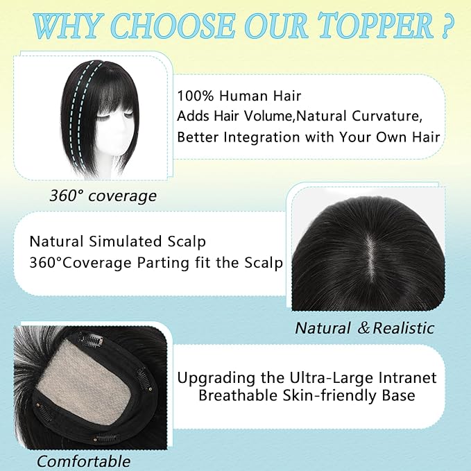 Hair Toppers for Women Real Human Hair, 360° 3D Toppers Pieces for Women with Thinning Crown Wispy Bangs 12 Inch Upgrade Big Basement (Natural Black, 12 Inch Wispy Bangs)