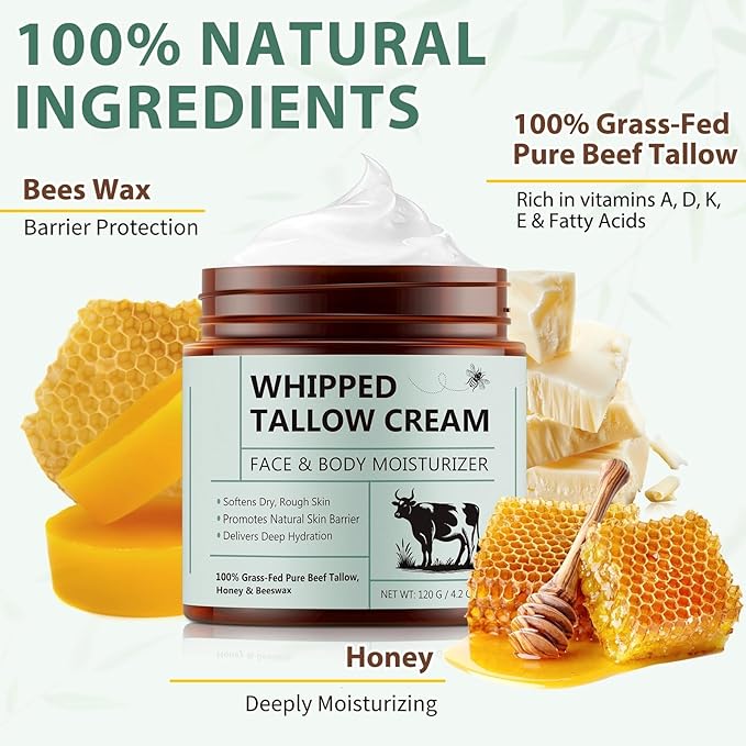 Beef Tallow for Skin, Beef Tallow Moisturizer, 8.4 oz Organic Whipped Grass Fed Beef Tallow with Honey Cream for Face & Body, Unscented