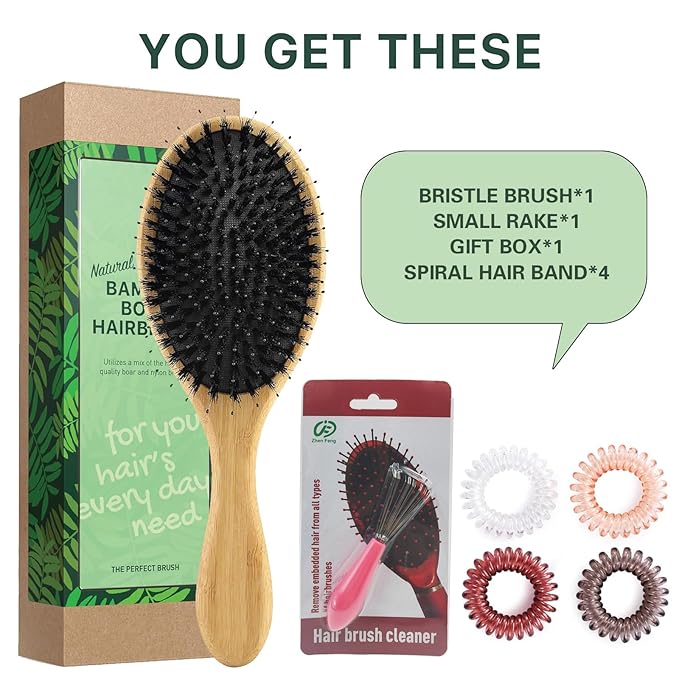 No Shampoo Hair Brush,Natural Boar Bristle Hair Brush for Women, Men, Kids;Smooths Frizz and Prevents Breakage in Fine and Straight, Thick and Curly Hair (oval)