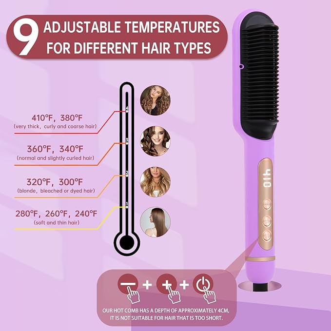 Negative Ionic Hair Straightener Brush with 9 Temp Settings, 30s Fast Heating Hair Straightening Comb with LED Display, Anti-Scald & Auto-Shut Off Hair Brush Straightener for Women (Purple)