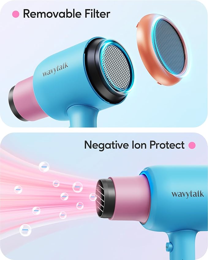 Wavytalk Hair Dryer with Diffuser, Blown Away Ionic Hair Dryer for Curly Hair with Comb, 1875W Fast Drying Blow Dryer with Ceramic Technology, 3 Attachments for All Hair Types, Light and Quiet, Poppa