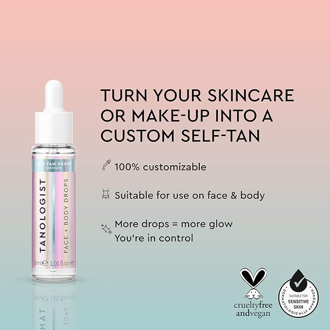 Tanologist Medium Self Tan Drops, Streak-Free Body & Face Tanning Drops, For Moisturizer & Lotion, Natural Bronzing Face Tanner, Skincare Ingredients, 1.01 fl. oz/30 ml Bottle