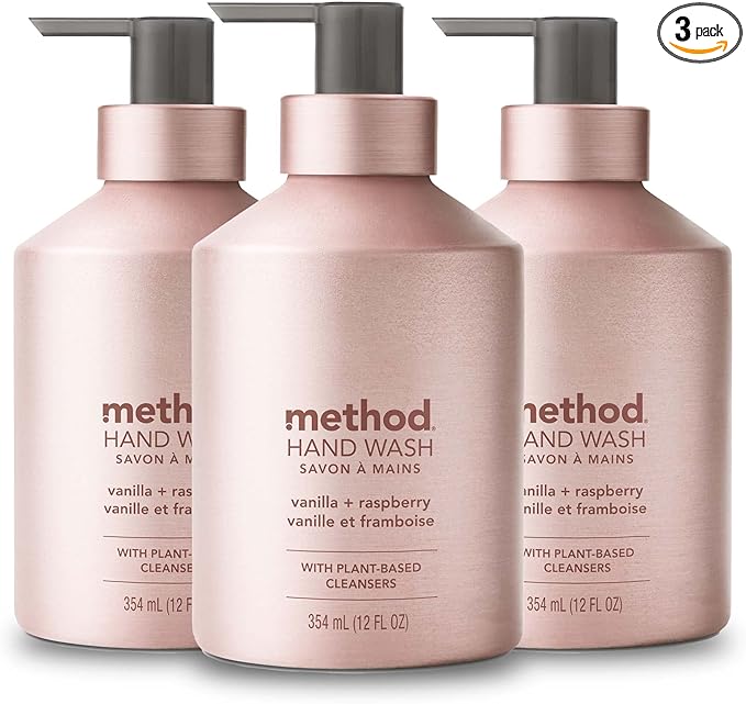 Method Gel Hand Soap, Vanilla + Raspberry, Reusable Pink Aluminum Bottle, Biodegradable Formula, 12 oz (Pack of 3)