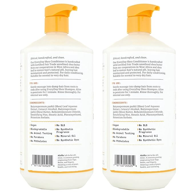 Alaffia EveryDay Shea Conditioner, Moisturizes, Restores and Protects, Made with Fair Trade Shea Butter, Cruelty Free, No Parabens, Vegan, Unscented, 2 Pack, 32 Fl Oz Ea