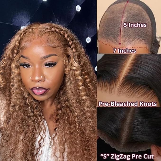 Beauty Forever Bye Bye Knots 7X5 Pre Cut Lace Honey Blonde Highlight Jerry Curly Put on Go Glueless Lace Front Wig,Mixed Color Invisible Knots Human Hair Wigs Pre Plucked Hairline 150% Density 24 Inch