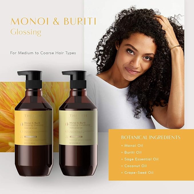 Theorie Monoi and Buriti Glossing Shampoo - Hydrate & Shine - Suited for Coarse and Dry Hair - Protects Color & Keratin Treated Hair, Pump Bottle 800mL