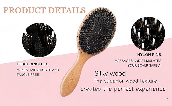 Paddle Hair Brush with Boar Bristles for All Hair Types, Professional Styling Brush for Men, Women (Brown)