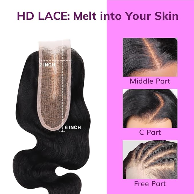 IDN BEAUTY SKINLIKE REAL HD 2X6 Lace Closure Human Hair 16 Inch Body Wave Closure Bleached Single Knots HD Closure Ultra-thin 2x6 Lace Closure Virgin Human Hair 0.1 mm Pre Plucked Hairline Closure